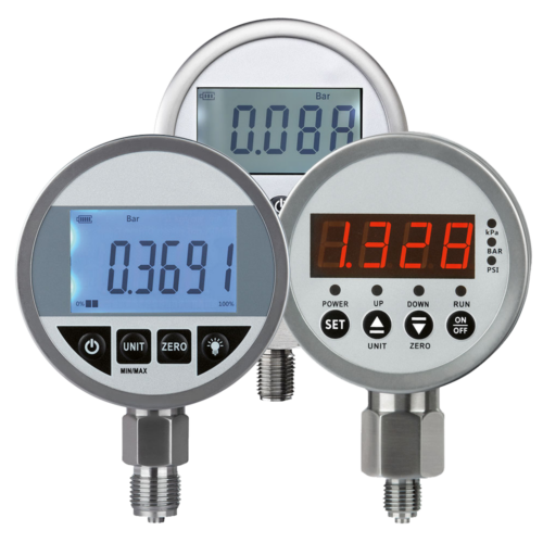 Drei verschiedene digitale Manometer mit unterschiedlichen Farb-Displays